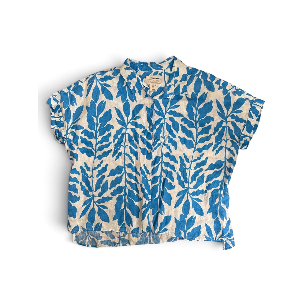 Rachel Zoe Blue White Leaf Print 100% Linen 2 Piece Blouse & Pants Set XL